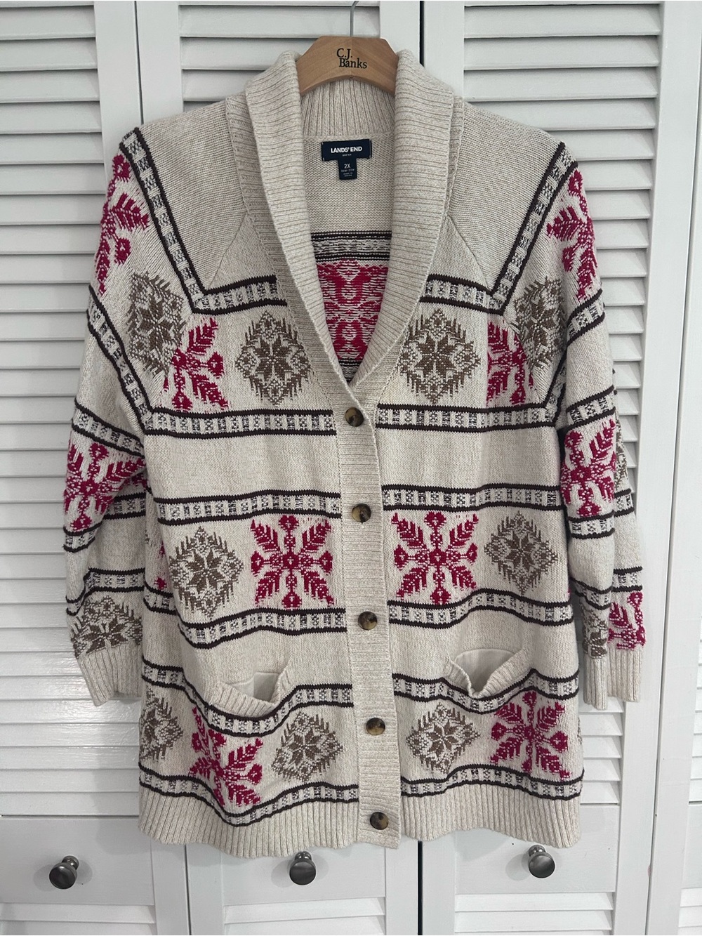 Lands' End Cream, Red & Brown Fair Isle Shawl Collar Cardigan
